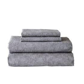 300 Thread Count 4-Piece Cotton Percale Ziggy Geo Print Grey Flannel Bed Sheet Set, Queen