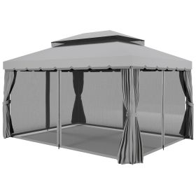 10' x 13' Patio Gazebo w/ Aluminum Frame Double Roof, Outdoor Gazebo Canopy Shelter with Netting & Curtains, Gray