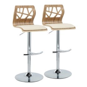 Folia Mid-Century Modern Adjustable Barstool with Swivel in Chrome Metal, Zebra Wood and Cream Faux Leather with Rounded T Footrest by - Set of 2
