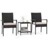 3-Piece Patio PE Wicker Bistro Set, Tempered Glass 2-Tier Side Table Outdoor Chair Set-Beige