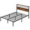 Full Bed Frame with Vintage Storage, LED Lights, Charging Station, Industrial Platform Bed with Metal Slats, Embedded design, No Box Spring