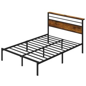 Full Bed Frame with Vintage Storage, LED Lights, Charging Station, Industrial Platform Bed with Metal Slats, Embedded design, No Box Spring