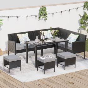 Small space patio furniture 7-piece outdoor furniture set, backyard furniture set, waterproof seat cushion, glass table, space saving