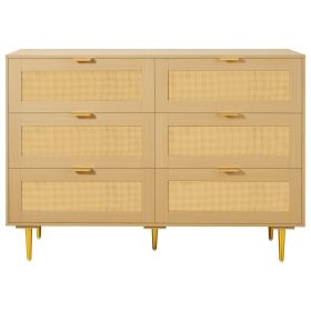 VEVOR 6 Drawer Rattan Dresser, Double Dresser for Bedroom, Natural Rattan Chest of Drawers with Metal Handles & Legs