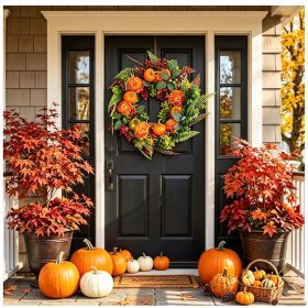 17.71 Inch Fall Artificial Wreath, PE Autumn Wreath with Pumpkins Berries and Leaves