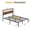 Full Bed Frame with Vintage Storage, LED Lights, Charging Station, Industrial Platform Bed with Metal Slats, Embedded design, No Box Spring