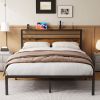 Full Bed Frame with Vintage Storage, LED Lights, Charging Station, Industrial Platform Bed with Metal Slats, Embedded design, No Box Spring