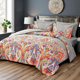 Comforter Set, Boho Pattern, Gray With Rainbow Floral (Option: W13717963)