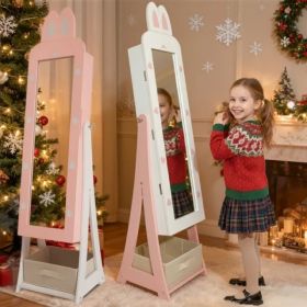 Pink Rabbit-themed MDF Cabinet With Spray Paint Finish, 1 Door And 1 Drawer, Children's Jewelry And Mirror Cabinet (Option: defaulttitle)