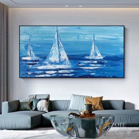 Colorful Ocean Sea Thick with Sunset and sailboat 100% Hand Painted Abstract Oil Painting Canvas Handmade Painting Gift (size: 90X120cm)