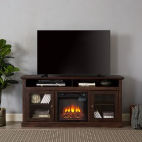 Modern TV Stand for up to 65 Inch TVs, Entertainment Center Farmhouse TV Cabinet Media Console Table with Glass Doors for Living Room (With Fireplace Insert: Yes, Color: Brown)