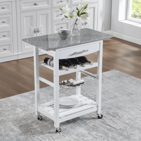 Mobile Rolling Kitchen Island Trolley Serving Cart with Underneath Drawer & Slide-Out Wire Storage Basket (Main Material: Marble+Metal, Main Color: White)